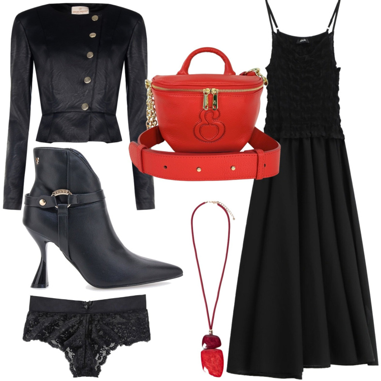 Outfit donna - Free night. Stile Basic per Serata fuori. Abbinamento con culotte, vestiti lunghi, giacche, ciondoli, borse a tracolla, stivaletti.