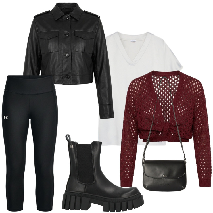 Outfit donna - Cardigan traforato. Stile Casual per Tutti i giorni. Abbinamento con stivaletti, borse a tracolla, t-shirt, bomber, cardigans, leggings.