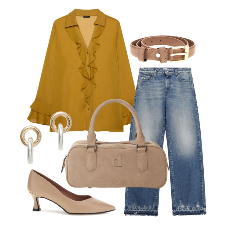 Outfit donna - Settembre. Stile Trendy per Ufficio. Abbinamento con borse a mano, jeans, bluse, orecchini, décolleté, cinture.
