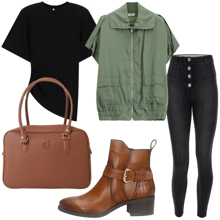 Outfit donna - Gilet con zip. Stile Basic per Tutti i giorni. Abbinamento con t-shirt, gilet, borse a mano, jeans skinny, stivaletti.