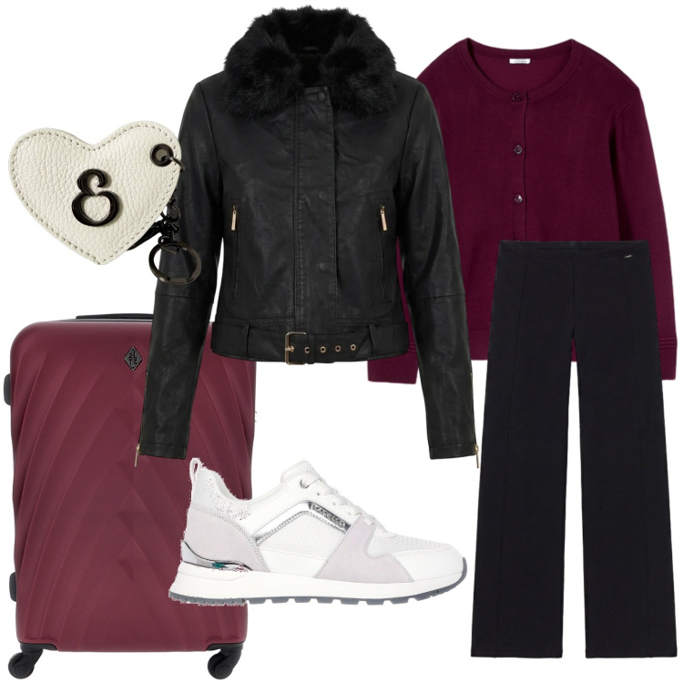 Outfit donna - City escape. Stile Casual per Tutti i giorni. Abbinamento con pantaloni, cardigans, portachiavi, blazer, sneakers alte, valigie.