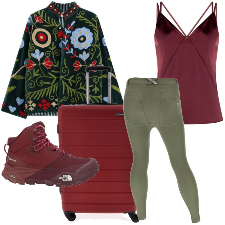 Outfit donna - Bomber ricamato. Stile Casual per Tutti i giorni. Abbinamento con stivaletti, bomber, top, pantaloni skinny, valigie.
