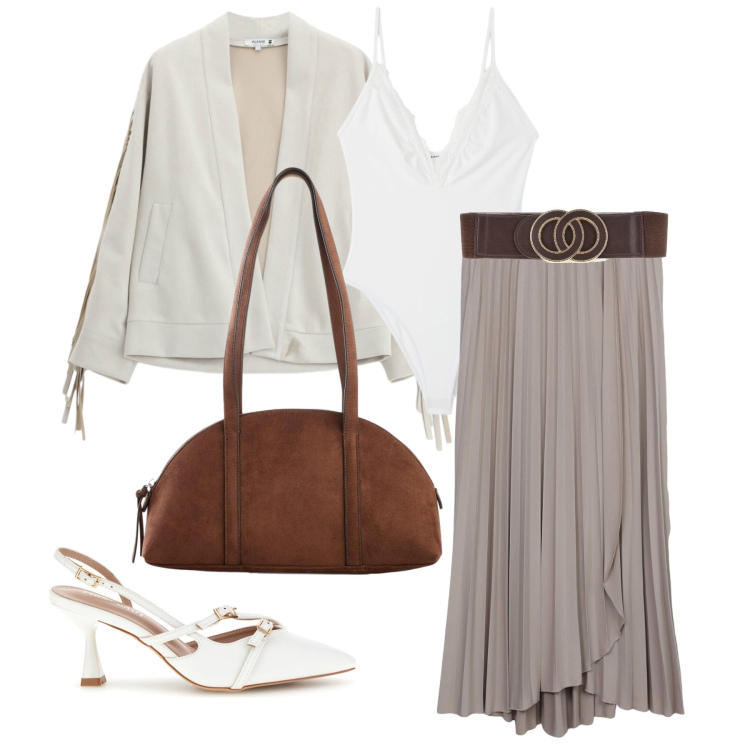Outfit donna - Settembre. Stile Chic per Ufficio. Abbinamento con borse a tracolla, gonne lunghe, body, blazer, décolleté, cinture.