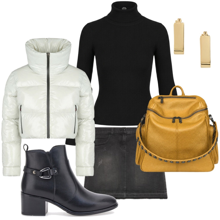 Outfit donna - Stile ricercato. Stile Basic per Serata fuori. Abbinamento con pullovers, minigonne, zaini, piumini, orecchini, stivaletti.