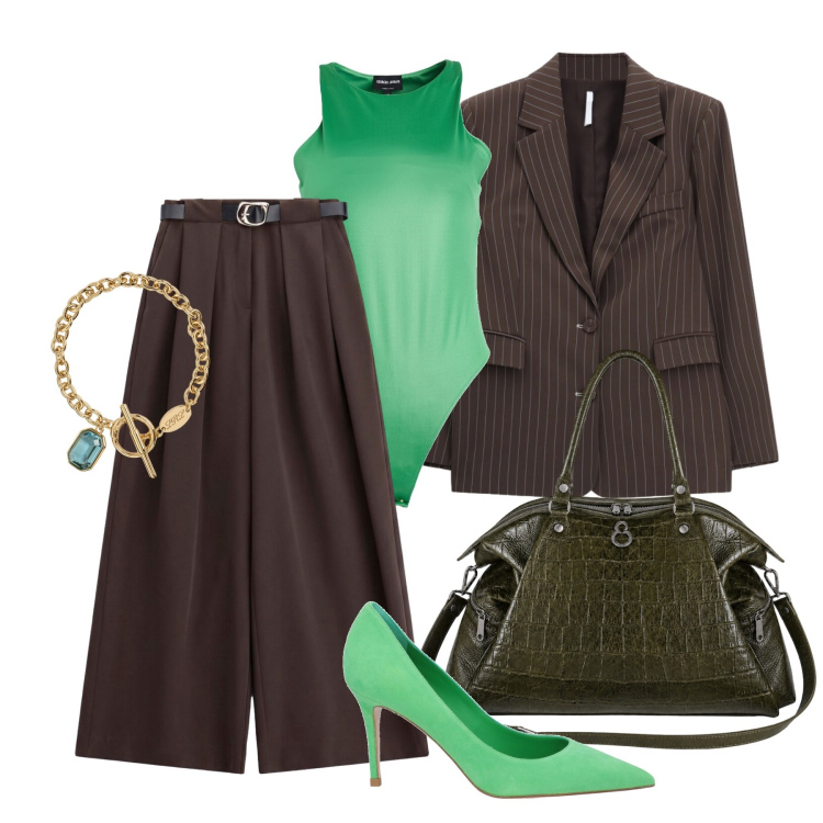 Outfit donna - Settembre. Stile Chic per Ufficio. Abbinamento con body, décolleté, pantaloni a palazzo, blazer, shopping bag, braccialetti.