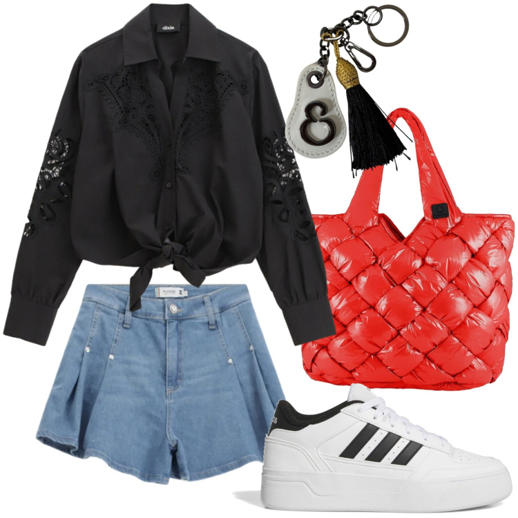 Outfit donna - Denim attitude. Stile Casual per Tutti i giorni. Abbinamento con camicie, shorts, portachiavi, borse tote, sneakers.