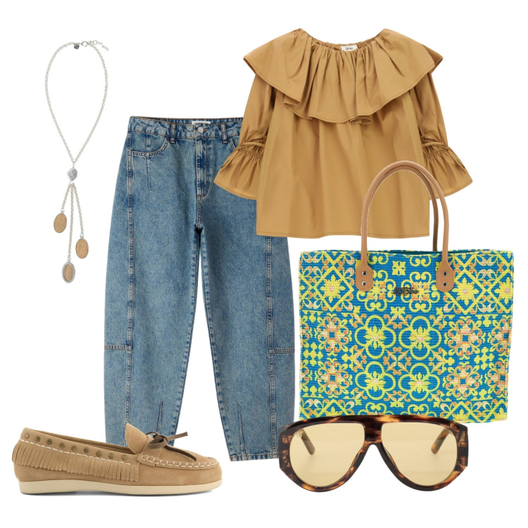 Outfit donna - Settembre. Stile Trendy per Tutti i giorni. Abbinamento con bluse, occhiali da sole, collane, jeans, mocassini, borse a spalla.