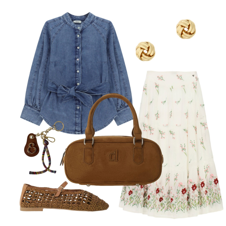 Outfit donna - Settembre. Stile Trendy per Tutti i giorni. Abbinamento con borse a mano, gonne lunghe, ballerine, camicie, portachiavi, orecchini.