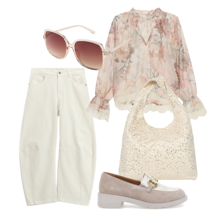 Outfit donna - Settembre. Stile Casual chic per Tutti i giorni. Abbinamento con occhiali da sole, bluse, pantaloni, borse a spalla, mocassini.