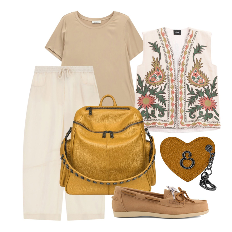 Outfit donna - Settembre. Stile Boho per Tutti i giorni. Abbinamento con pantaloni, t-shirt, gilet, zaini, portachiavi, mocassini.