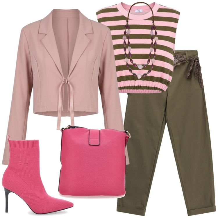 Outfit donna - Urban Safari Chic al Femminile. Stile Rock per Tutti i giorni. Abbinamento con top, pantaloni, collane, bolero, stivaletti, borse a tracolla.