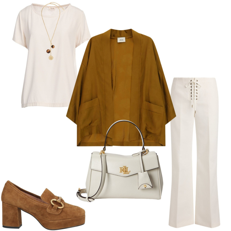 Outfit donna - Back to office chic. Stile Casual chic per Ufficio. Abbinamento con mocassini, top, kimono, borse a mano, collane, pantaloni.