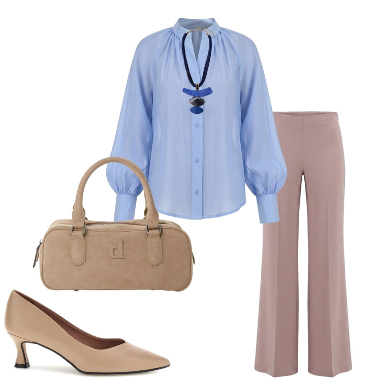 Outfit donna - Back to office chic. Stile Casual chic per Ufficio. Abbinamento con borse a mano, camicie, pantaloni a palazzo, ciondoli, décolleté.