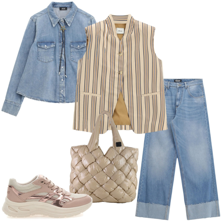 Outfit donna - Denim e colori neutri. Stile Casual chic per Tutti i giorni. Abbinamento con jeans, gilet, camicie, borse tote, sneakers.