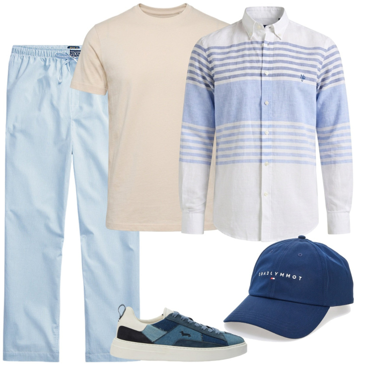 Outfit uomo - Una passeggiata a settembre. Stile Trendy per Tutti i giorni. Abbinamento con sneakers, camicie, t-shirt, pantaloni, cappelli con visiera.