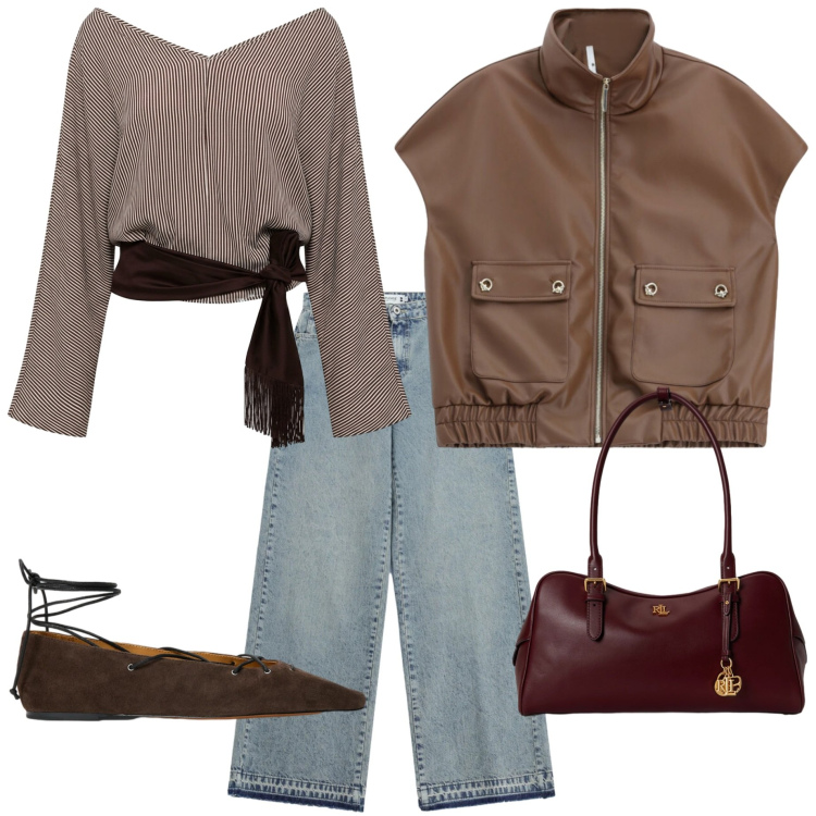 Outfit donna - Denim e colori neutri. Stile Casual chic per Tutti i giorni. Abbinamento con top, giacche, jeans dritti, borse a mano, ballerine.