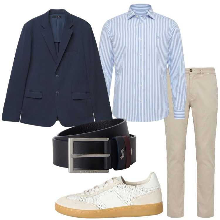 Outfit uomo - Rientro smart casual. Stile Trendy per Ufficio. Abbinamento con sneakers, pantaloni, camicie, cinture, giacche.