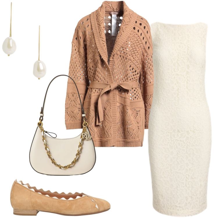 Outfit donna - Avorio a settembre. Stile Bon Ton per Serata fuori. Abbinamento con cardigans, ballerine, borse a spalla, orecchini, vestiti senza maniche.