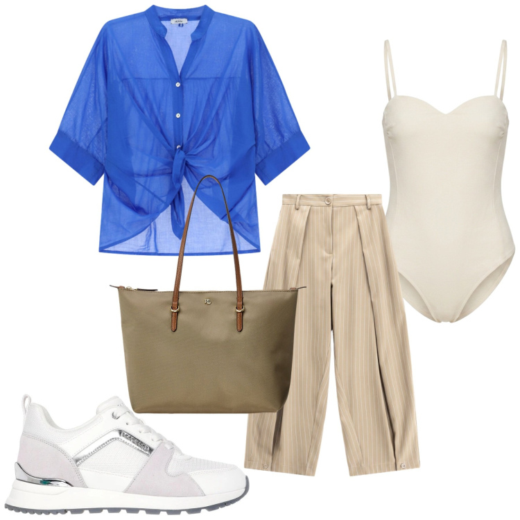 Outfit donna - Total look #2462381. Stile Trendy per Ufficio. Abbinamento con pantaloni a palazzo, camicie a manica corta, body, borse tote, sneakers alte.