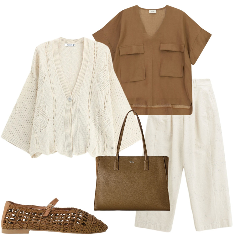 Outfit donna - Avorio a settembre. Stile Casual chic per Tutti i giorni. Abbinamento con shopping bag, ballerine, bluse, pantaloni a palazzo, cardigans.