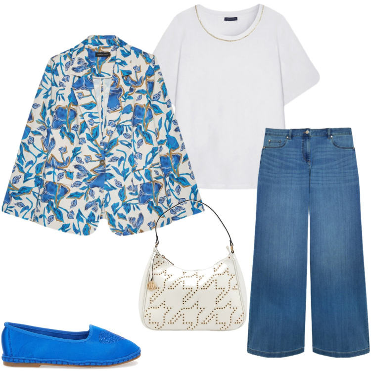 Outfit donna - Settembre. Stile Casual chic per Tutti i giorni. Abbinamento con blazer, jeans, t-shirt, borse a tracolla, ballerine.