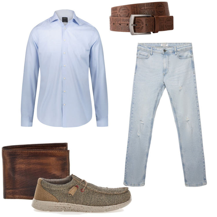 Outfit uomo - Total look #2462392. Stile Casual per Tutti i giorni. Abbinamento con cinture, jeans strappati, camicie, portafogli, scarpe stringate.