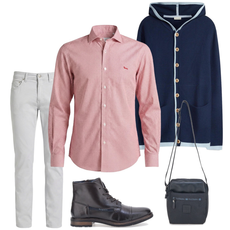 Outfit uomo - Total look #2462394. Stile Trendy per Ufficio. Abbinamento con cardigans, pantaloni, camicie, portafogli, stivali e stivaletti.