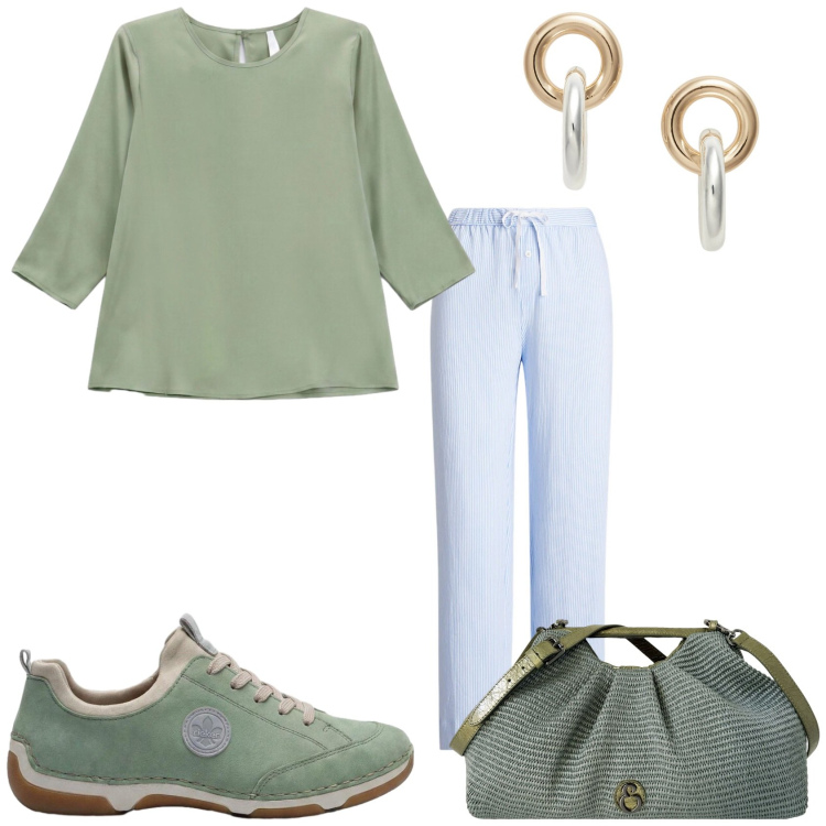 Outfit donna - Ritorno in città. Stile Casual chic per Tutti i giorni. Abbinamento con sneakers, bluse, clutch, orecchini, pantaloni.