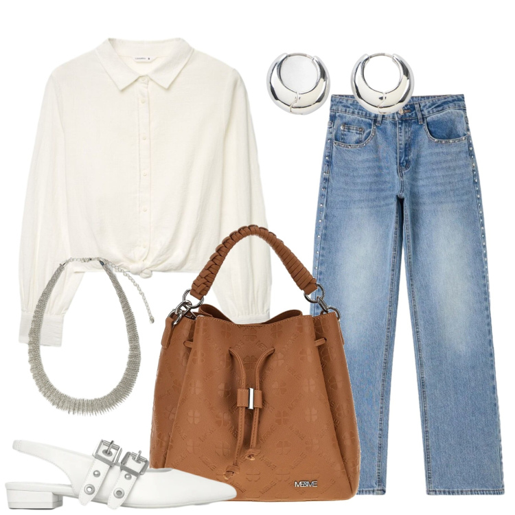 Outfit donna - Easy chic. Stile Casual chic per Tutti i giorni. Abbinamento con orecchini, camicie, jeans, ballerine, collane, borse a tracolla.