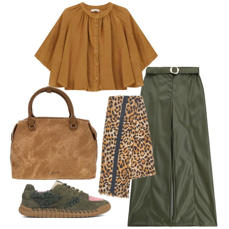 Outfit donna - Settembre. Stile Casual chic per Tutti i giorni. Abbinamento con pantaloni, camicie, foulard, sneakers, borse a tracolla.