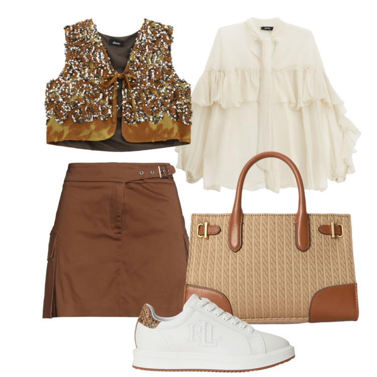 Outfit donna - Settembre. Stile Glamour per Tutti i giorni. Abbinamento con minigonne, bluse, gilet, sneakers, borse tote.