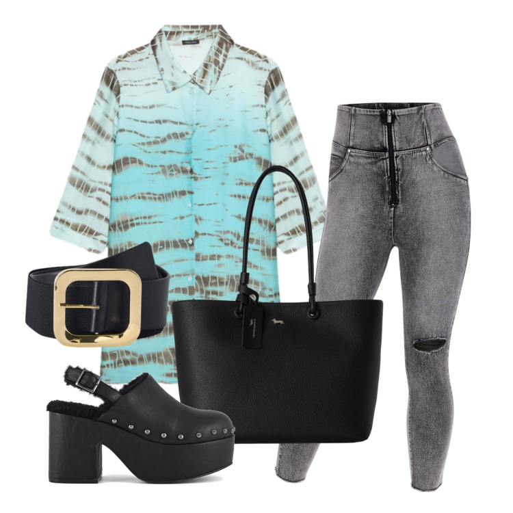 Outfit donna - Settembre. Stile Trendy per Tutti i giorni. Abbinamento con shopping bag, jeans skinny, cinture, camicie, sabot.