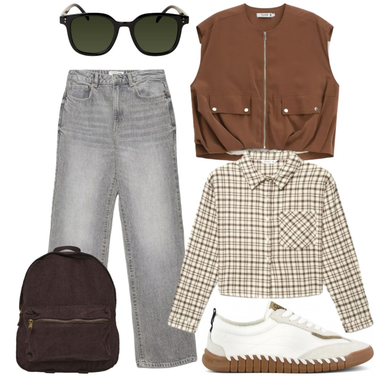 Outfit donna - Back to school. Stile Basic per Scuola/Università. Abbinamento con camicie, jeans dritti, zaini, gilet, occhiali da sole, sneakers.