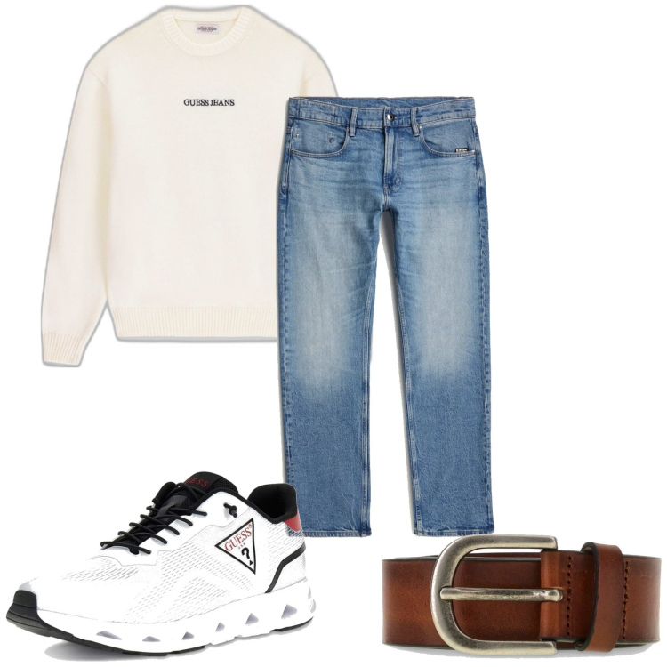 Outfit hombre - Casual look. Estilo Casual para Todos los días. Combinación con prendas de punto, vaqueros rectos, sneakers, cinturones.