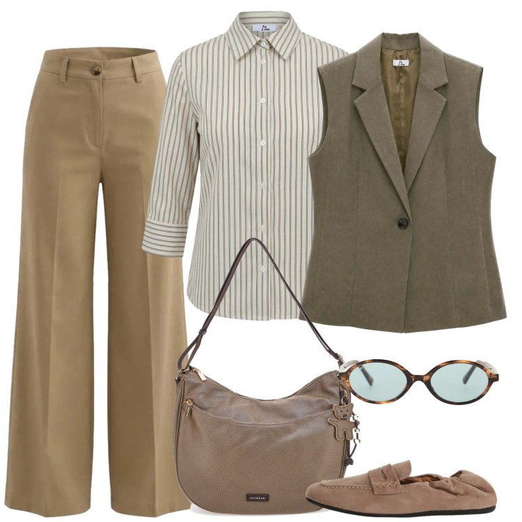 Outfit donna - Quotidianità. Stile Mannish per Ufficio. Abbinamento con gilet, pantaloni a palazzo, camicie, occhiali da sole, mocassini, borse a spalla.