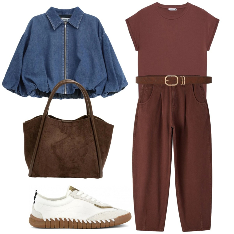 Outfit donna - Back to school. Stile Urban per Scuola/Università. Abbinamento con t-shirt, pantaloni, cinture, blazer, borse a spalla, sneakers.