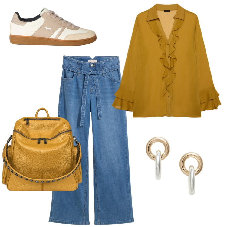 Outfit donna - Un avvolgente color ocra. Stile Casual per Tutti i giorni. Abbinamento con jeans, sneakers, bluse, zaini, orecchini.