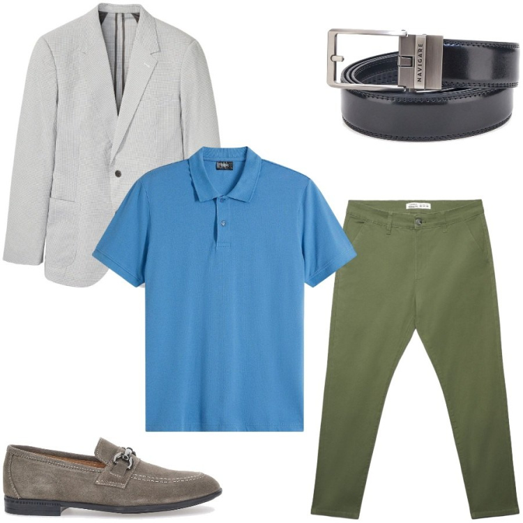 Outfit uomo - Total look #2462418. Stile Trendy per Ufficio. Abbinamento con polo, giacche, pantaloni chino, scarpe stringate, cinture.