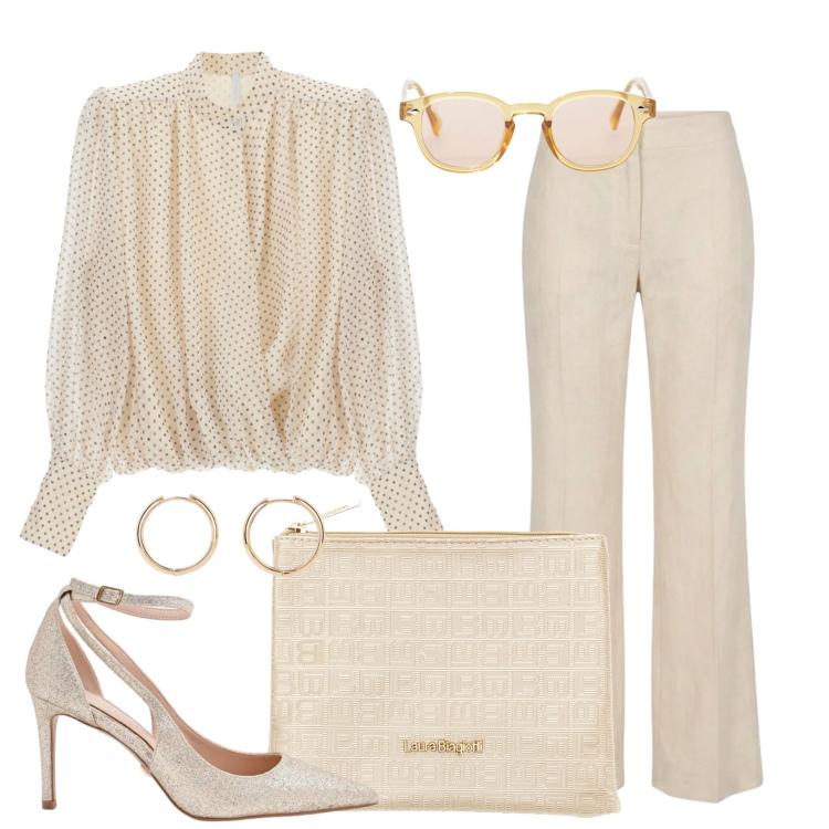 Outfit donna - Pattern micropois. Stile Chic per Tutti i giorni. Abbinamento con orecchini, camicie, occhiali da sole, décolleté, pantaloni, pochette.