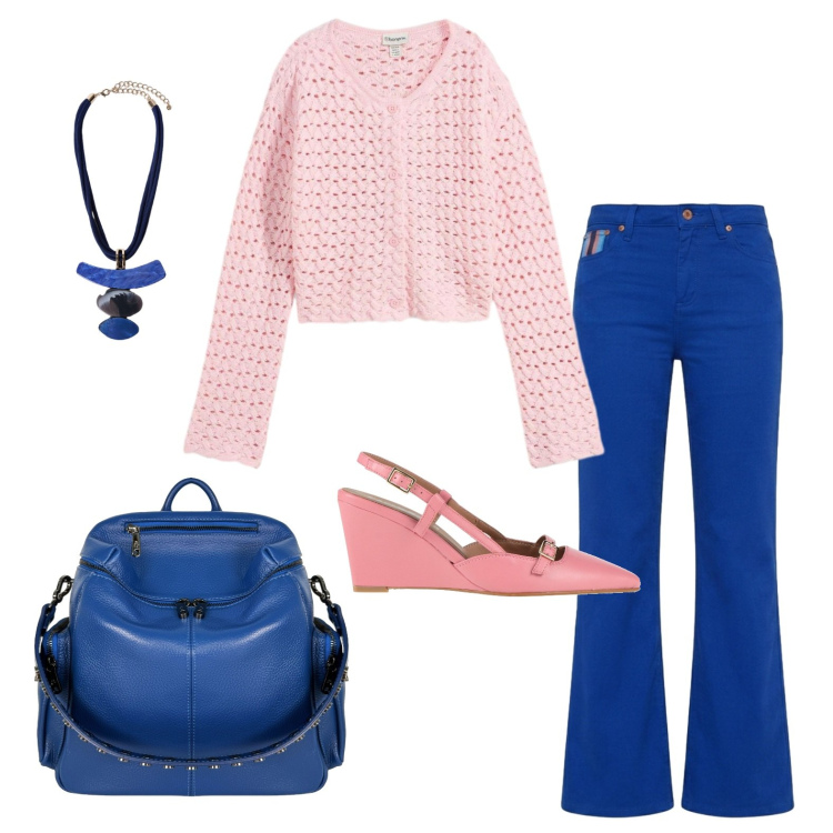 Outfit donna - Bluette per una sferzata di energia. Stile Romantica per Ufficio. Abbinamento con décolleté, cardigans, pantaloni, ciondoli, zaini.