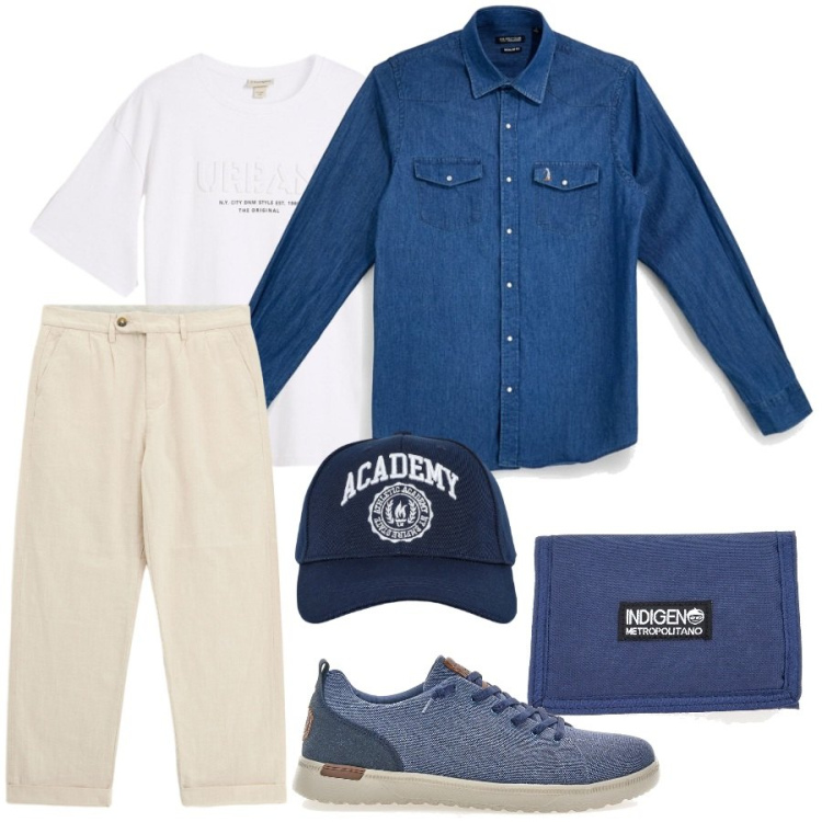 Outfit uomo - Total look #2462423. Stile Casual per Tutti i giorni. Abbinamento con t-shirt, pantaloni, cappelli con visiera, portafogli, sneakers, camicie.