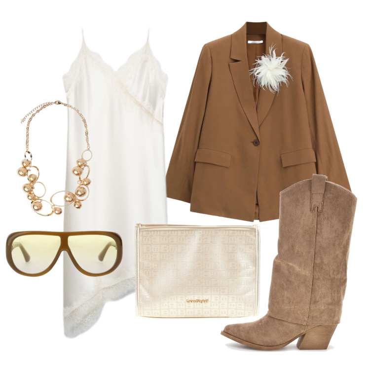 Outfit donna - Settembre. Stile Glamour per Tutti i giorni. Abbinamento con blazer, occhiali da sole, vestiti asimmetrici, collane, stivali, pochette.