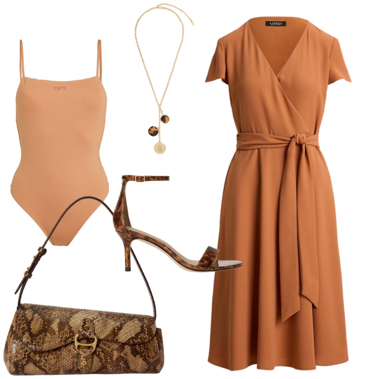 Outfit donna - Cerimonia settembrina. Stile Chic per Cerimonia. Abbinamento con body, vestiti, collane, sandali in pelle, borse a tracolla.