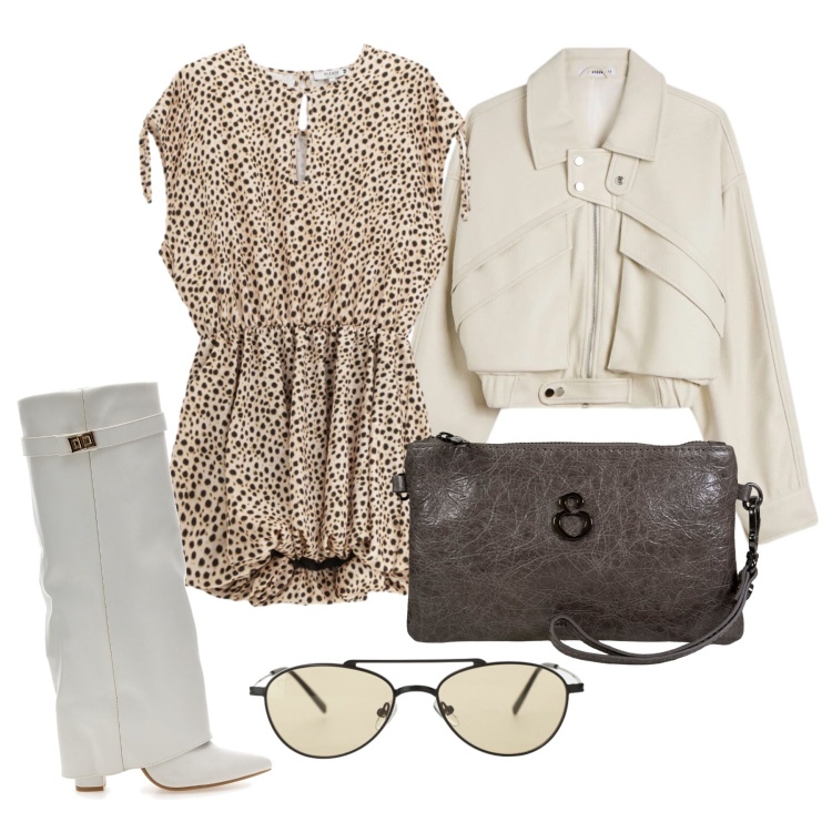 Outfit donna - Settembre. Stile Glamour per Tutti i giorni. Abbinamento con occhiali da sole, giacche, vestiti corti, pochette, stivali sopra il ginocchio.