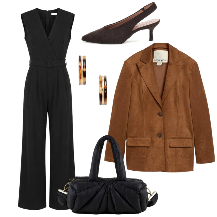 Outfit donna - La jumpsuit protagonista. Stile Urban per Tutti i giorni. Abbinamento con blazer, borse a mano, tute, orecchini, décolleté.