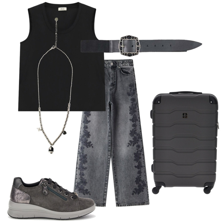 Outfit donna - Total look #2462428. Stile Rock per Tutti i giorni. Abbinamento con canottiere, jeans, cinture, ciondoli, valigie, sneakers.