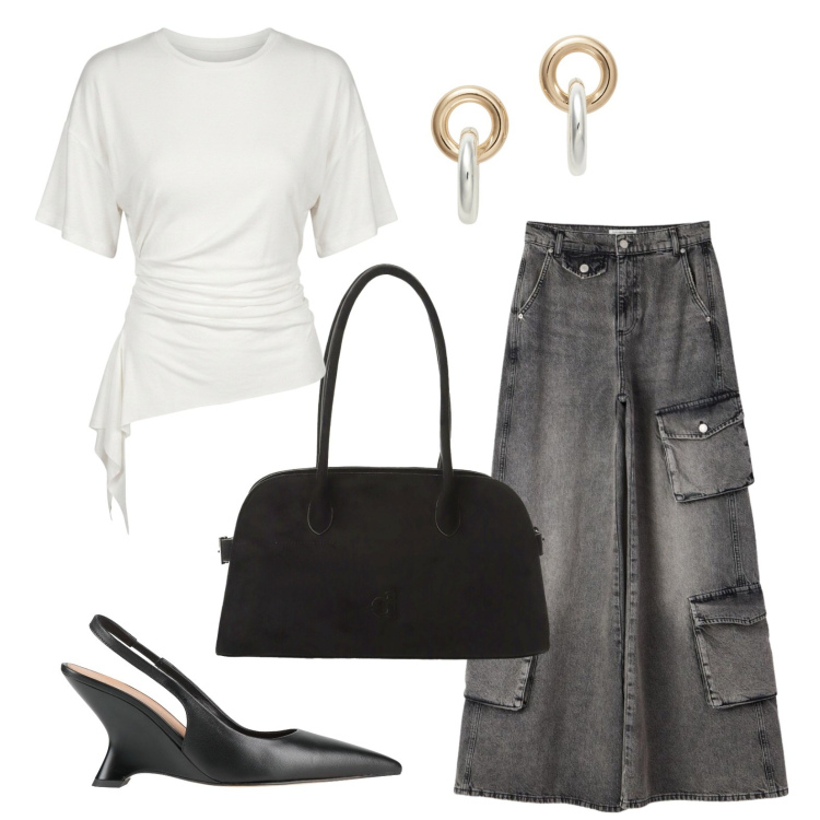 Outfit donna - Jeans cargo per un aperitivo. Stile Minimal per Serata fuori. Abbinamento con décolleté, jeans, borse a spalla, orecchini, maglieria.