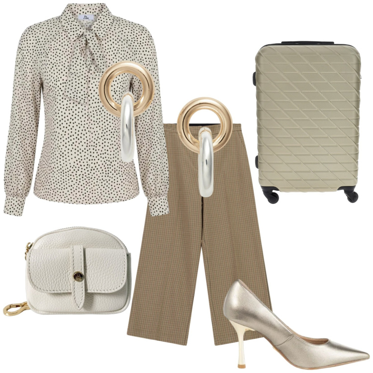Outfit donna - Direzione congresso. Stile Chic per Ufficio. Abbinamento con pantaloni a palazzo, bluse, décolleté, portachiavi, orecchini, valigie.