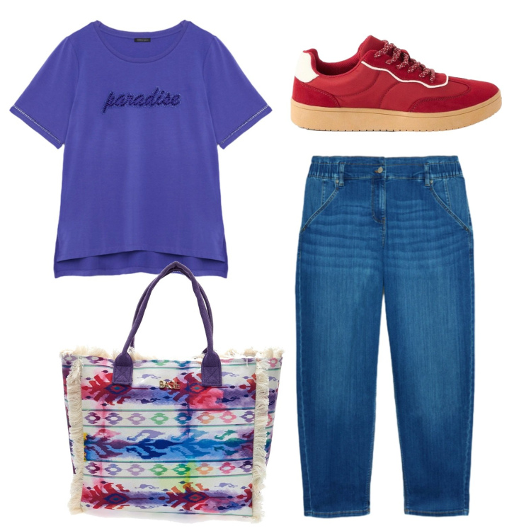Outfit donna - Gita domenicale. Stile Casual per Tutti i giorni. Abbinamento con sneakers, t-shirt, jeans, shopping bag.