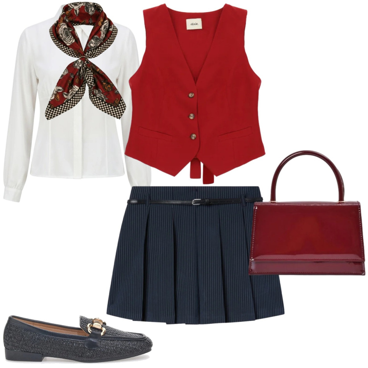 Outfit donna - Total look #2462437. Stile Trendy per Tutti i giorni. Abbinamento con gilet, minigonne, borse a mano, camicie, foulard, mocassini.